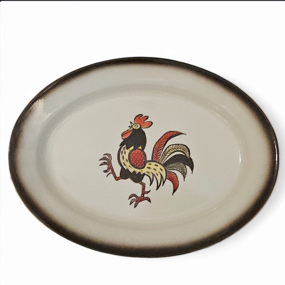 Vintage Metlox Poppytrail Red Rooster Large Oval Serving Platter USA Farmhouse - Picture 3 of 13